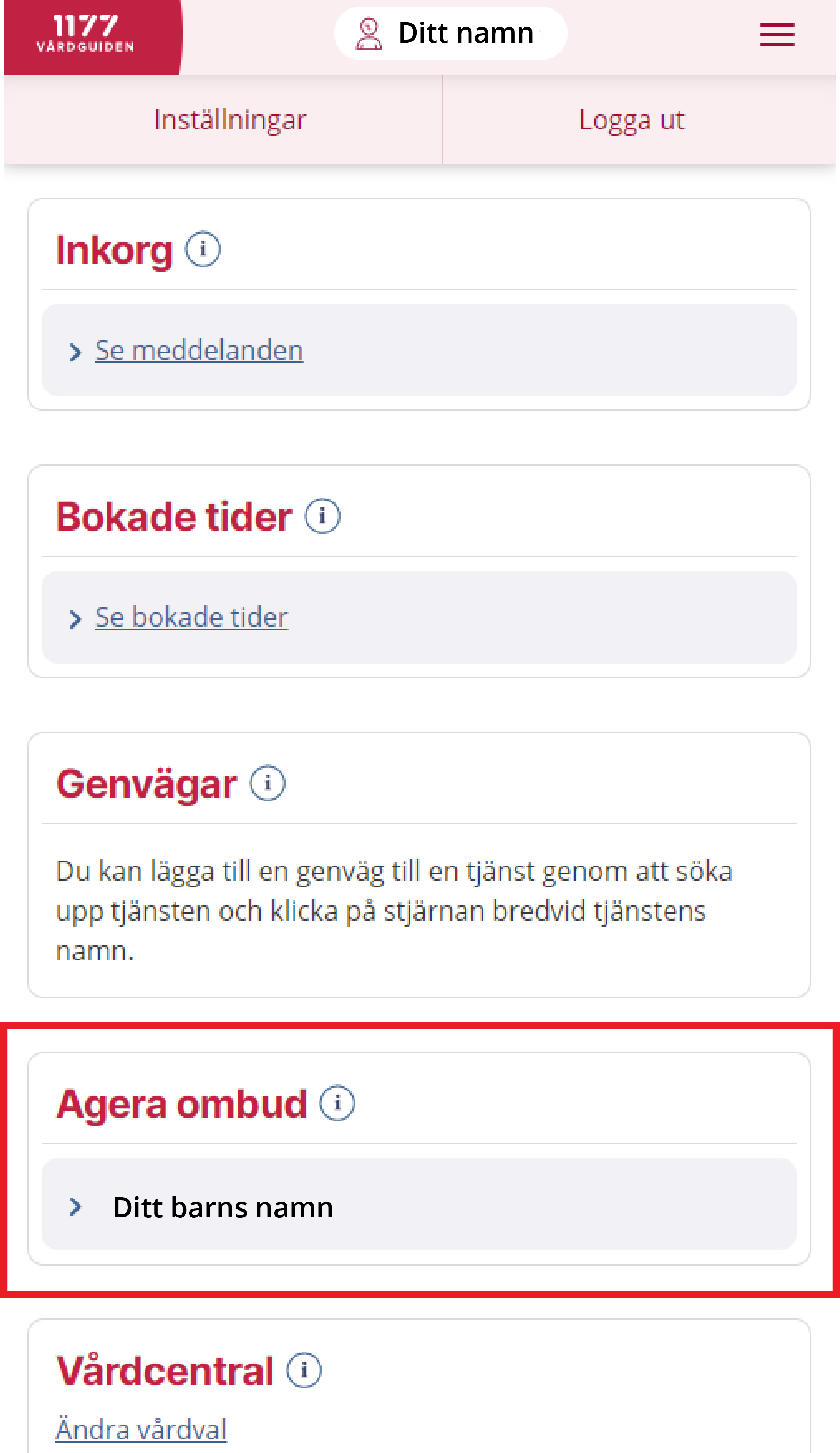 Bild som visar 1177 Vårdguidens e-tjänster. Fältet Agera ombud är markerat med en röd ram. Foto