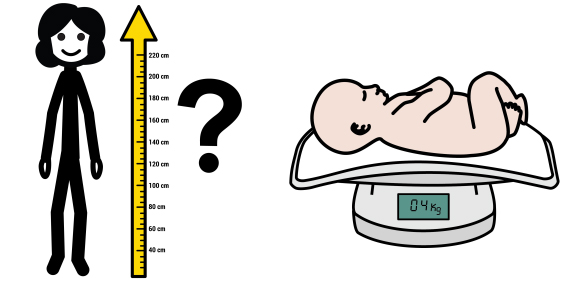 Ett barn bredvid en mätsticka och en baby på en våg